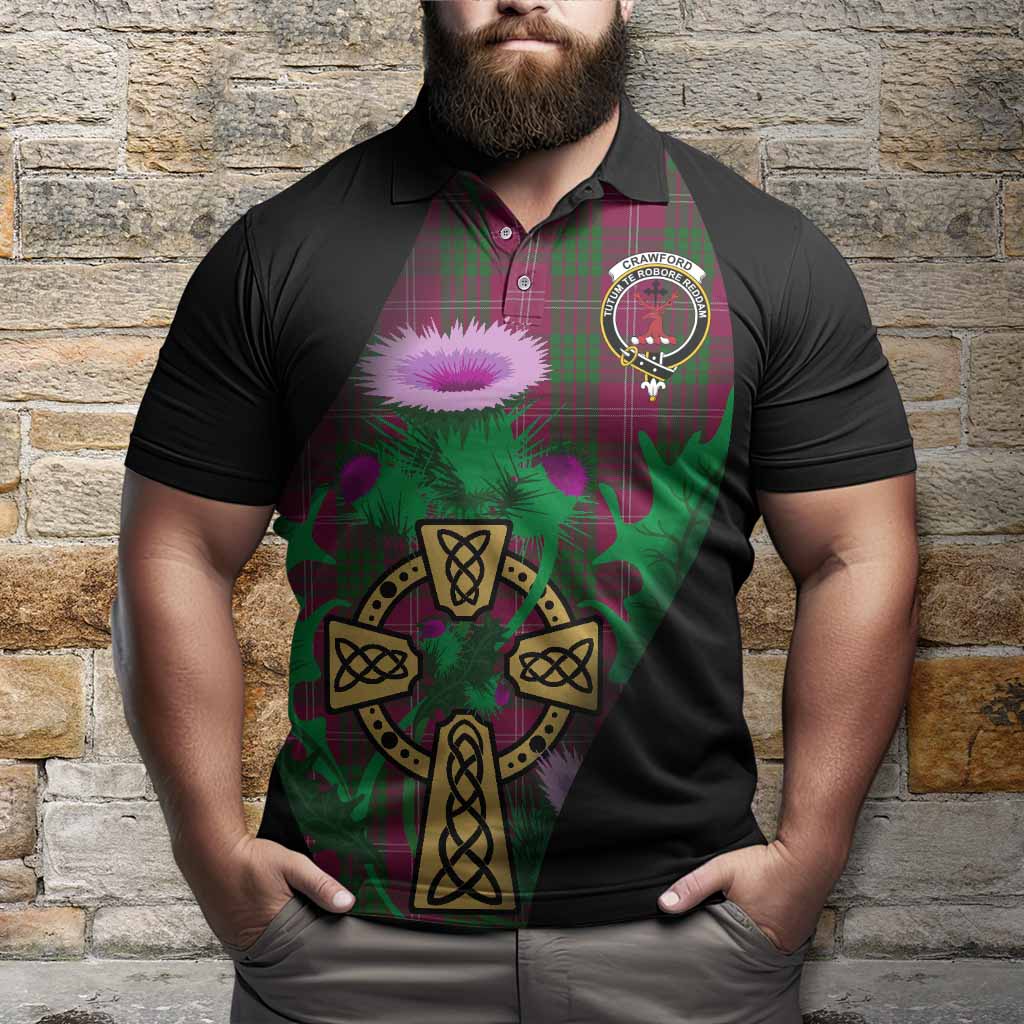 Crawford Tartan Crest Polo Shirt Celtic Cross Thistle Flowers