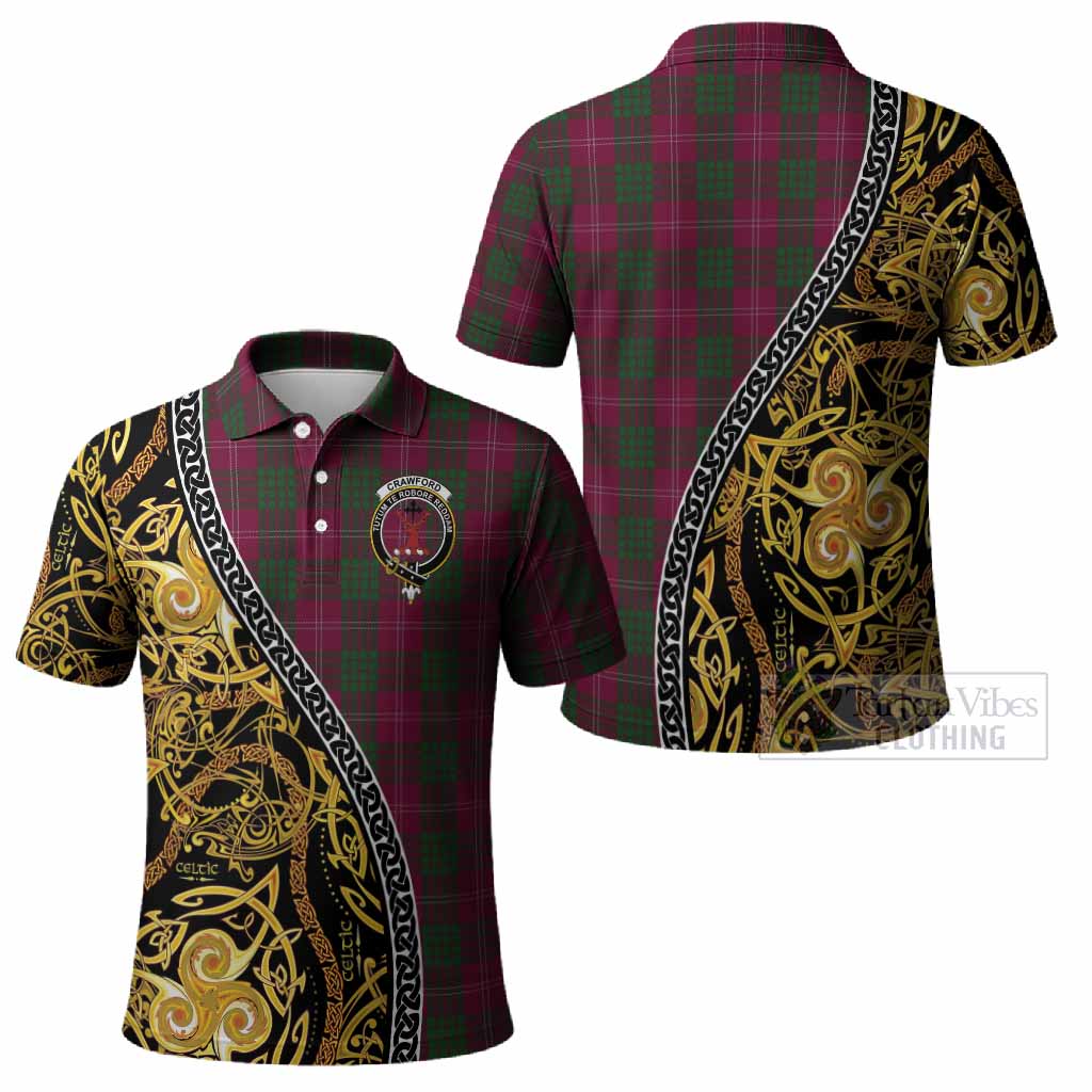 Crawford Tartan Crest Polo Shirt Celtic Knot and Triple Trickle Spiral Symbols