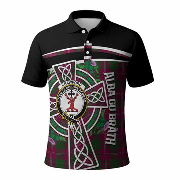 Crawford Tartan Crest Polo Shirt Scottish Thistle Celtic Cross Alba Gu Brath