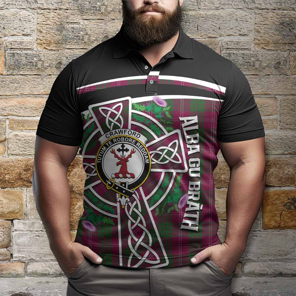 Crawford Tartan Crest Polo Shirt Scottish Thistle Celtic Cross Alba Gu Brath