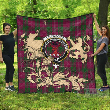 Crawford Tartan Crest Premium Quilt with Scottish Iconic Symbols 