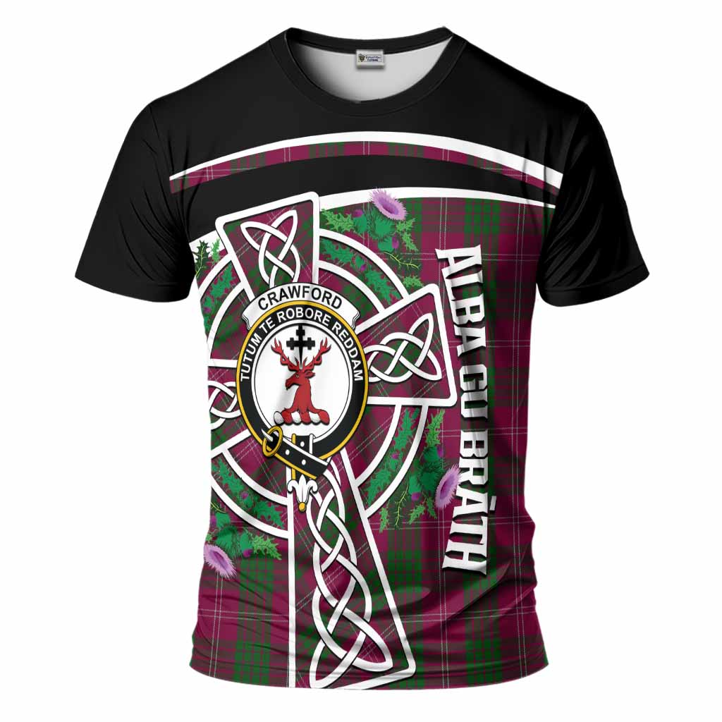 Crawford Tartan Crest T-Shirt Scottish Thistle Celtic Cross Alba Gu Brath