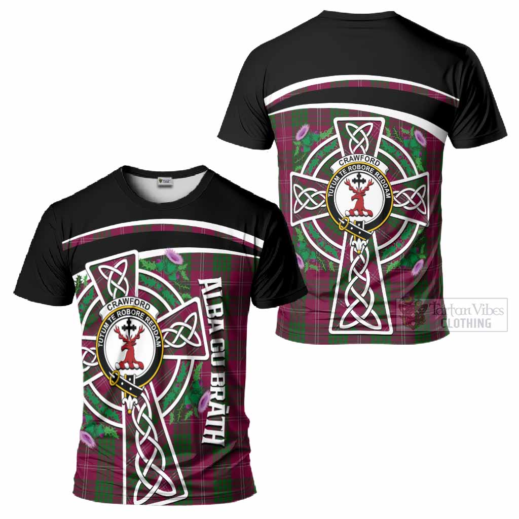Crawford Tartan Crest T-Shirt Scottish Thistle Celtic Cross Alba Gu Brath