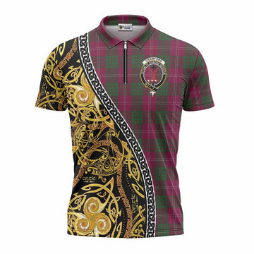 Crawford Tartan Crest Zipper Polo Shirt Celtic Knot and Triple Trickle Spiral Symbols