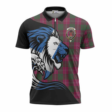 Crawford Tartan Crest Zipper Polo Shirt Scottish Golden Lions Wave Flow
