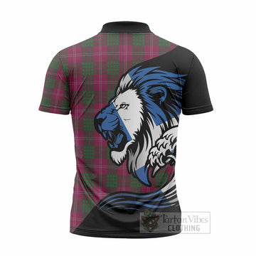 Crawford Tartan Crest Zipper Polo Shirt Scottish Golden Lions Wave Flow