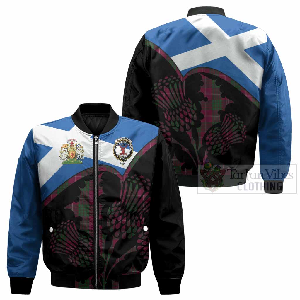 Crawford Tartan Family Crest Bomber Jacket Scotland Thistle Floral Flag Style