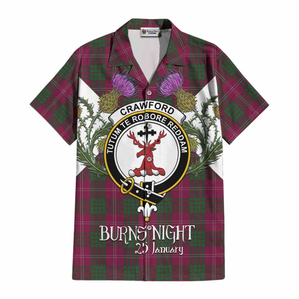 Crawford Tartan Family Crest Cotton Hawaiian Shirt Scottish Burns Night Thistle Floral