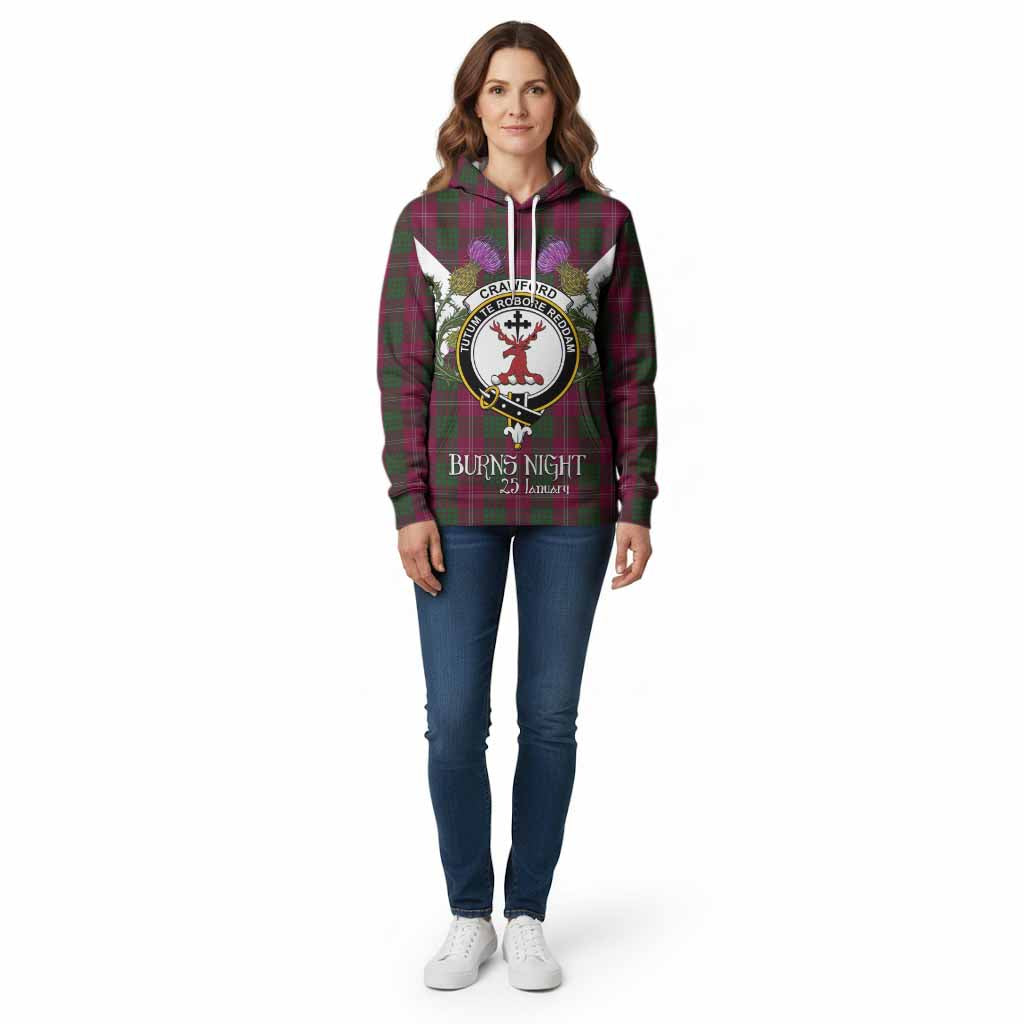 Crawford Tartan Family Crest Cotton Hoodie Scottish Burns Night Thistle Floral