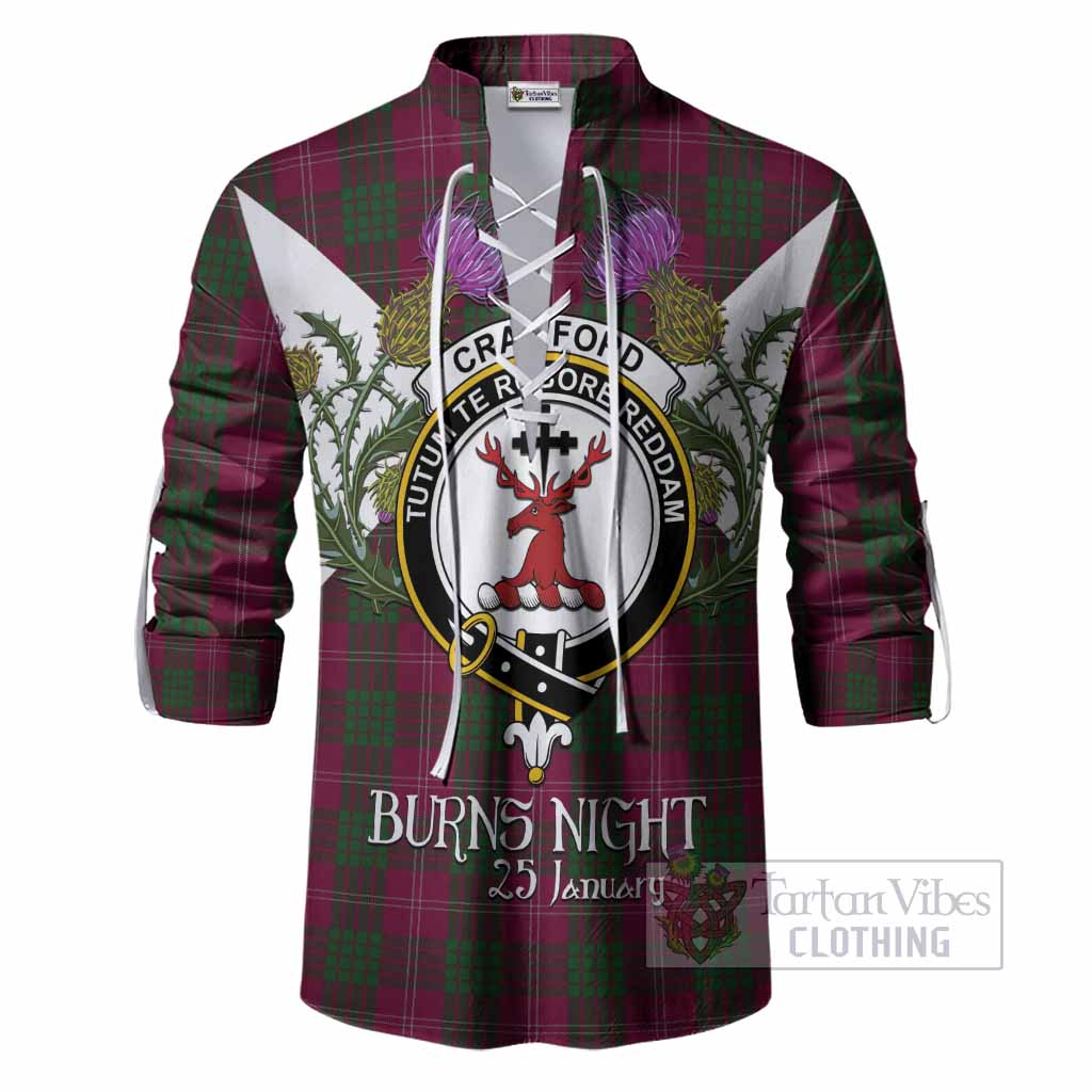 Crawford Tartan Family Crest Ghillie Shirt Scottish Burns Night Thistle Floral