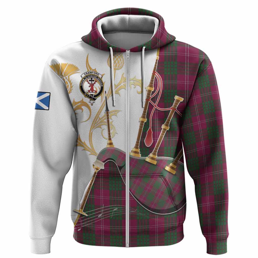 Crawford Tartan Family Crest Hoodie Bagpipes with Scottish Thistle