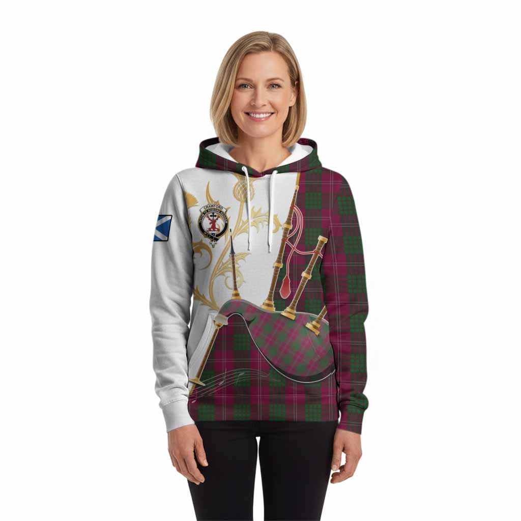 Crawford Tartan Family Crest Hoodie Bagpipes with Scottish Thistle