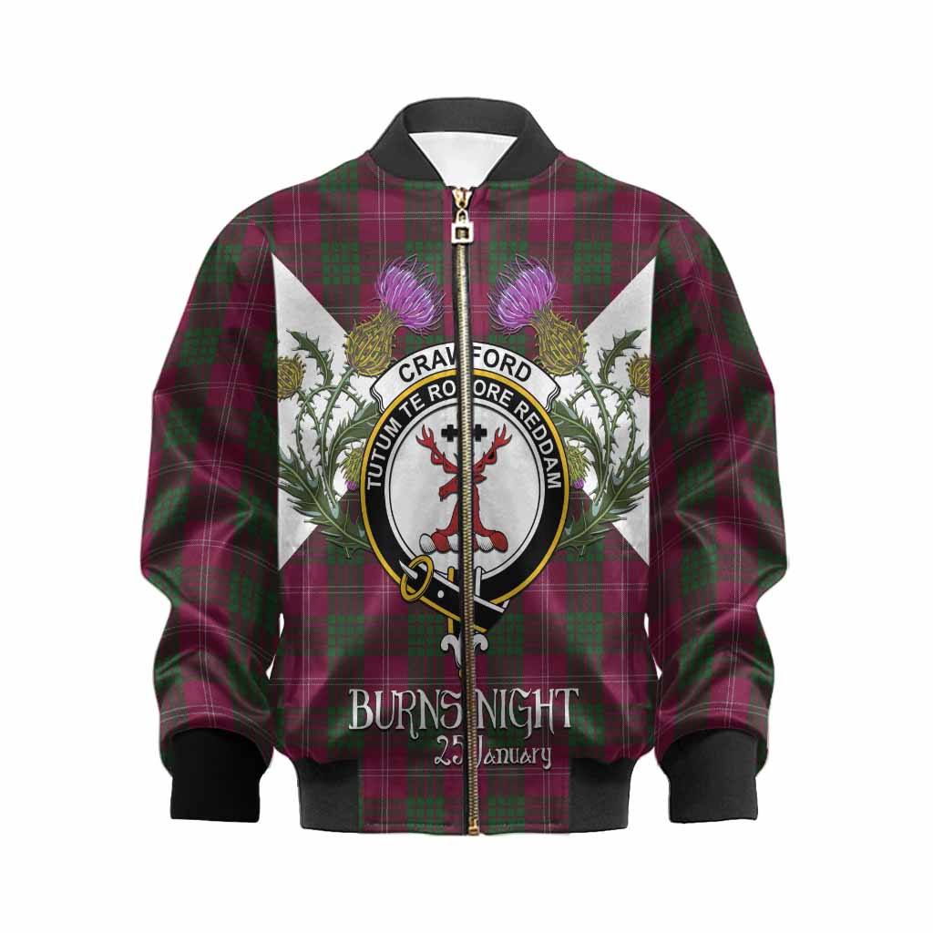 Crawford Tartan Family Crest Kid Bomber Jacket Scottish Burns Night Thistle Floral