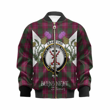 Crawford Tartan Family Crest Kid Bomber Jacket Scottish Burns Night Thistle Floral
