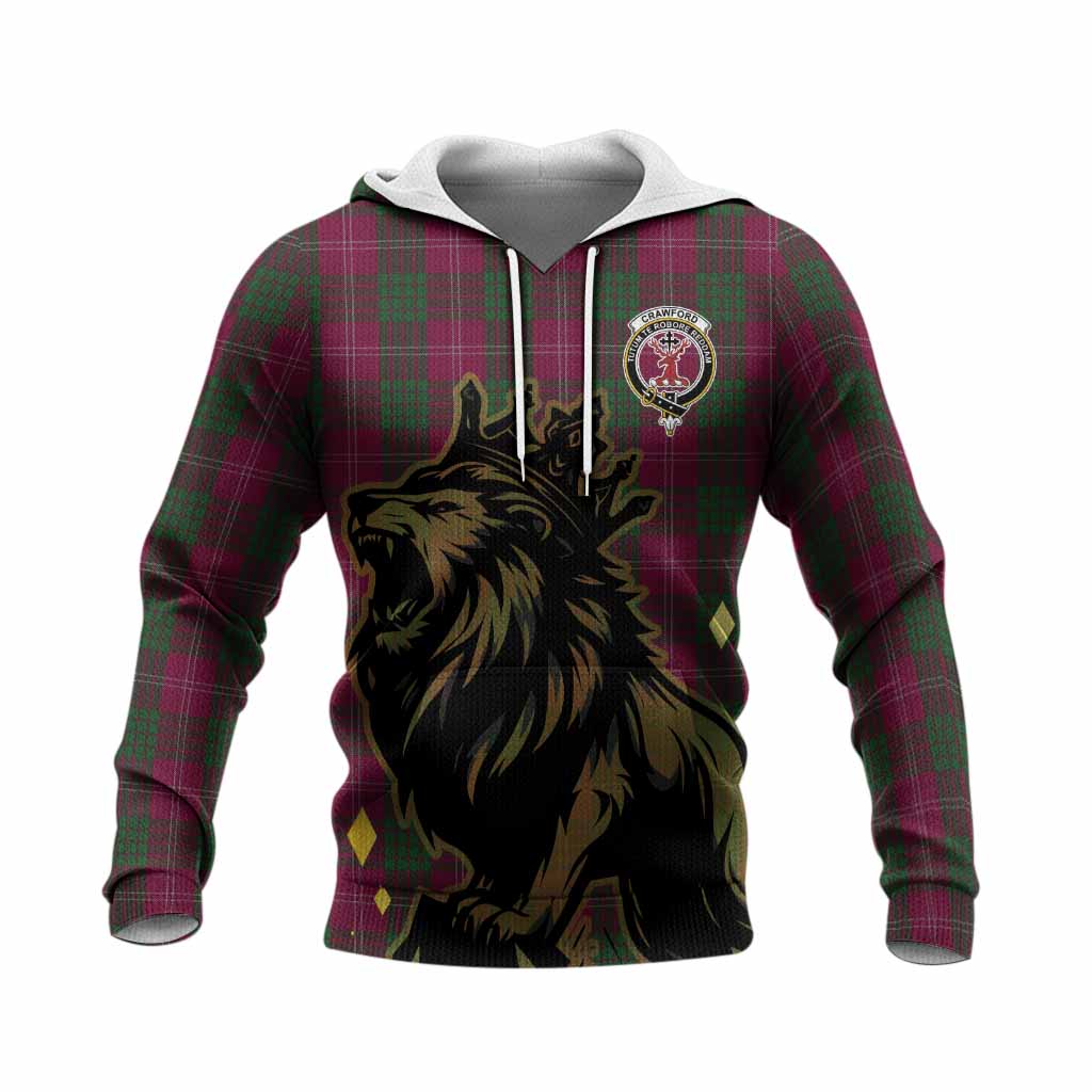 Crawford Tartan Family Crest Knitted Hoodie Crowned Lion Roaring