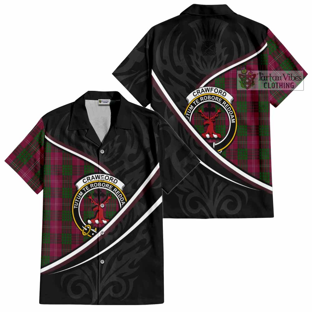 Crawford Tartan Family Crest Short Sleeve Button Shirt Celtic Scottish Thistle Floral - Tartan Vibes Clothing