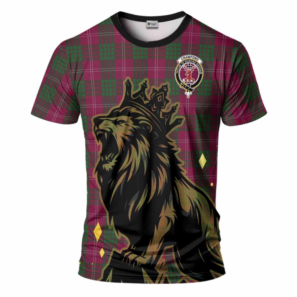 Crawford Tartan Family Crest T-Shirt Crowned Lion Roaring