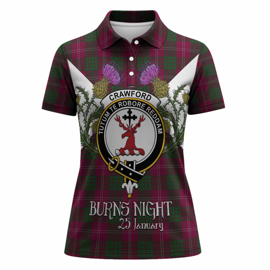 Crawford Tartan Family Crest Women Polo Shirt Scottish Burns Night Thistle Floral