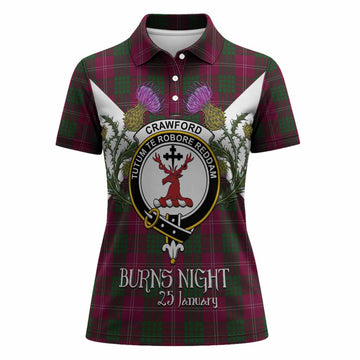 Crawford Tartan Family Crest Women Polo Shirt Scottish Burns Night Thistle Floral