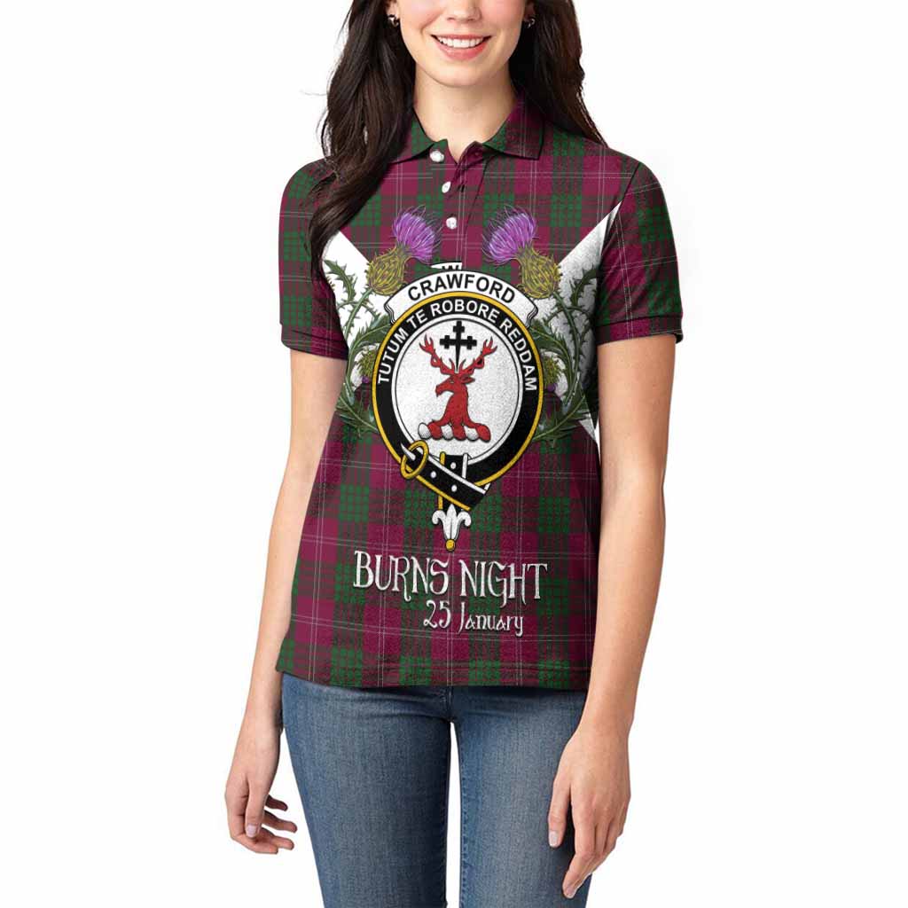 Crawford Tartan Family Crest Women Polo Shirt Scottish Burns Night Thistle Floral