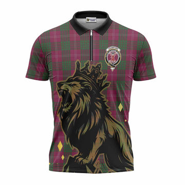 Crawford Tartan Family Crest Zipper Polo Shirt Crowned Lion Roaring