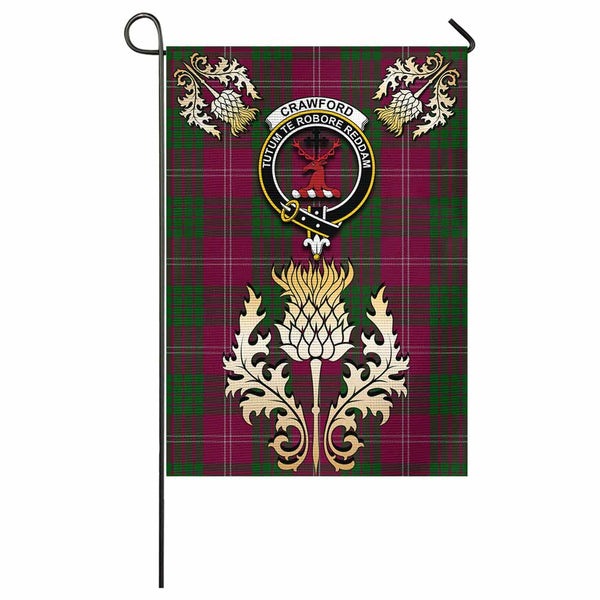 Crawford Tartan Garden Flag with Golden Regal Scottish Thistle Emblem - Tartan Vibes Clothing