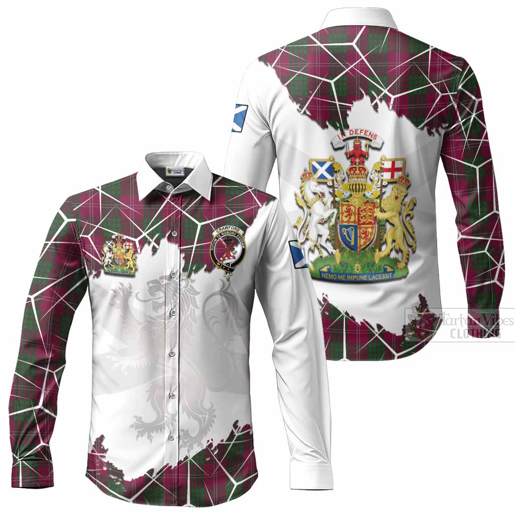 Crawford Tartan Long Sleeve Button Shirts with Family Crest and Lion Rampant Grunge Style