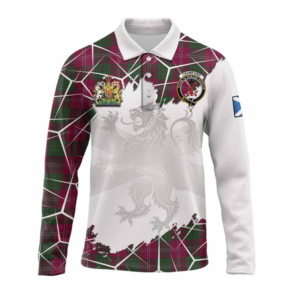 Crawford Tartan Long Sleeve Polo Shirt with Family Crest and Lion Rampant Grunge Style