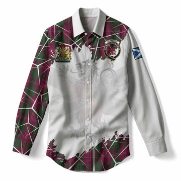 Crawford Tartan Women Casual Shirt with Family Crest and Lion Rampant Grunge Style