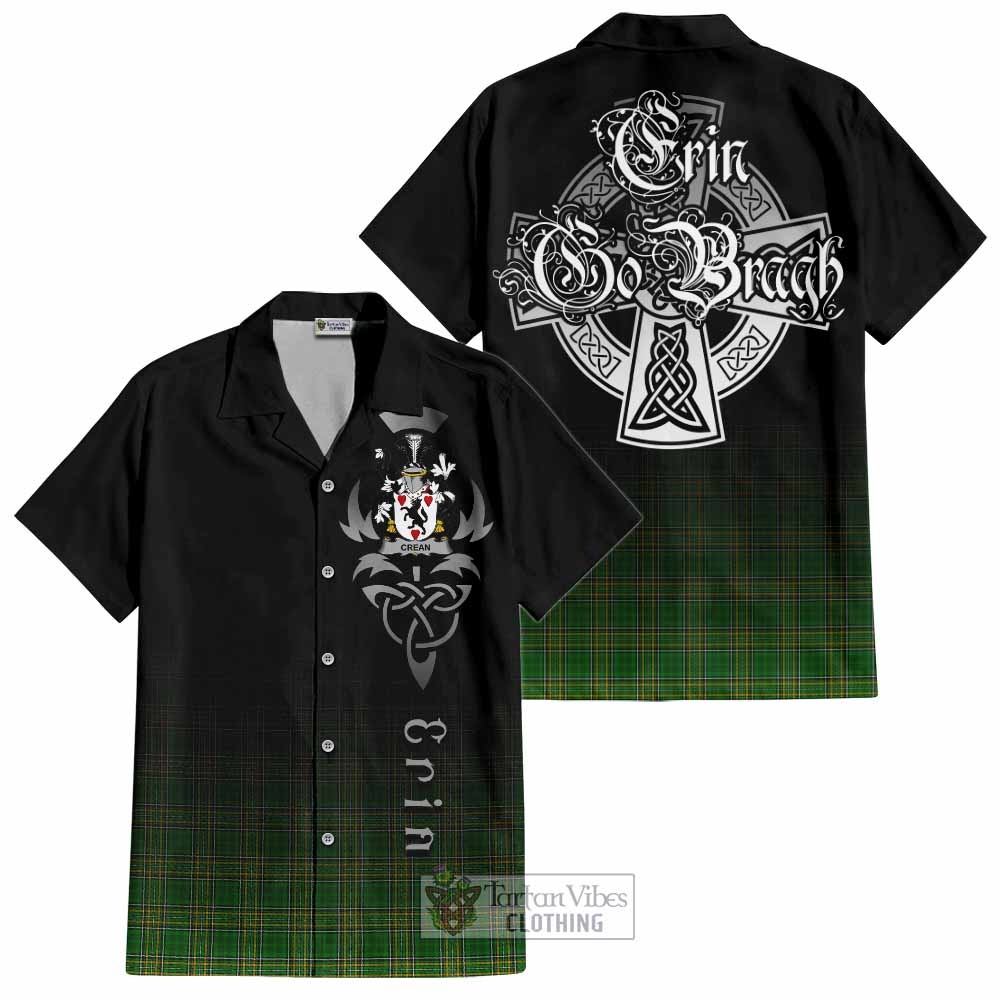 Tartan Vibes Clothing Crean Irish Clan Short Sleeve Button Shirt with Coat of Arms Erin Go Bragh Celtic Inspired