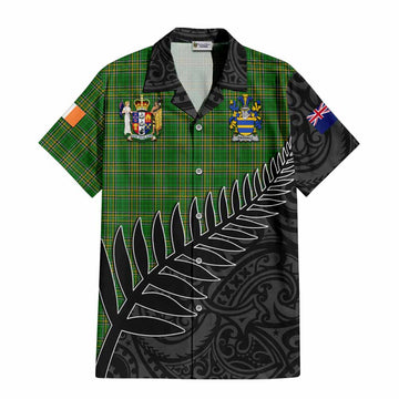 Tartan Vibes Clothing Crehall Irish Clan Tartan Short Sleeve Button Shirt with Coat of Arms New Zealand Silver Fern Half Style