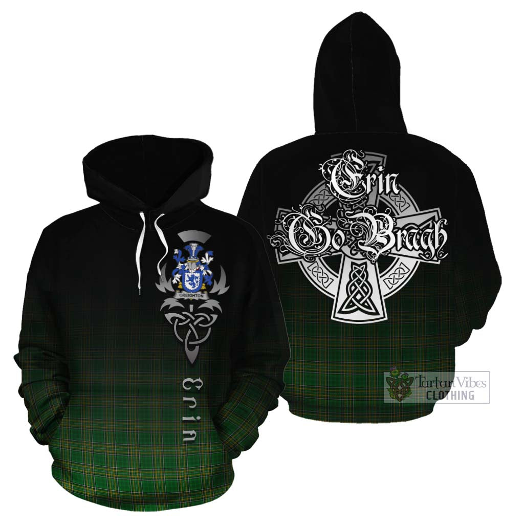 Tartan Vibes Clothing Creighton Irish Clan Cotton Hoodie with Coat of Arms Erin Go Bragh Celtic Inspired
