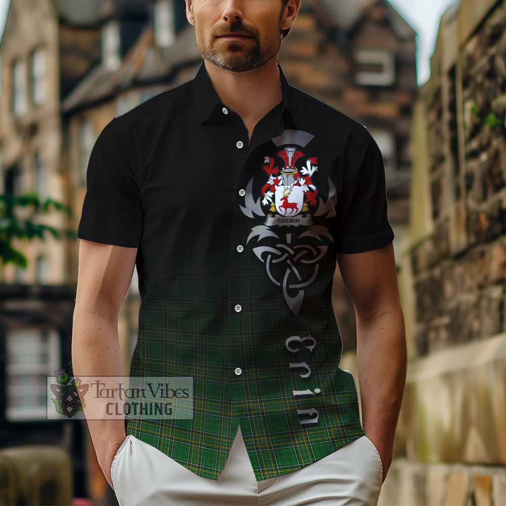 Tartan Vibes Clothing Cremin Irish Clan Short Sleeve Button Shirt with Coat of Arms Erin Go Bragh Celtic Inspired