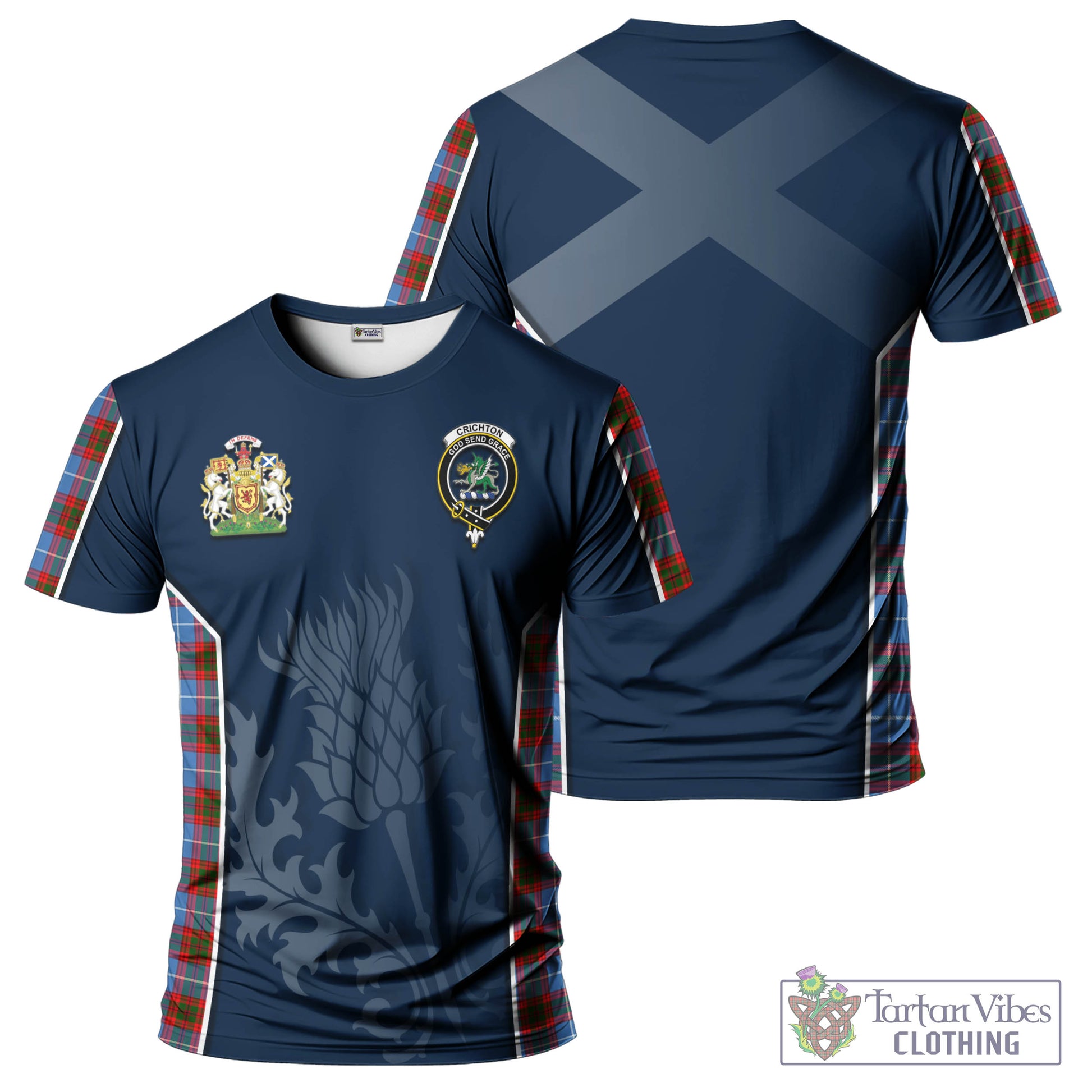 Tartan Vibes Clothing Crichton Tartan T-Shirt with Family Crest and Scottish Thistle Vibes Sport Style