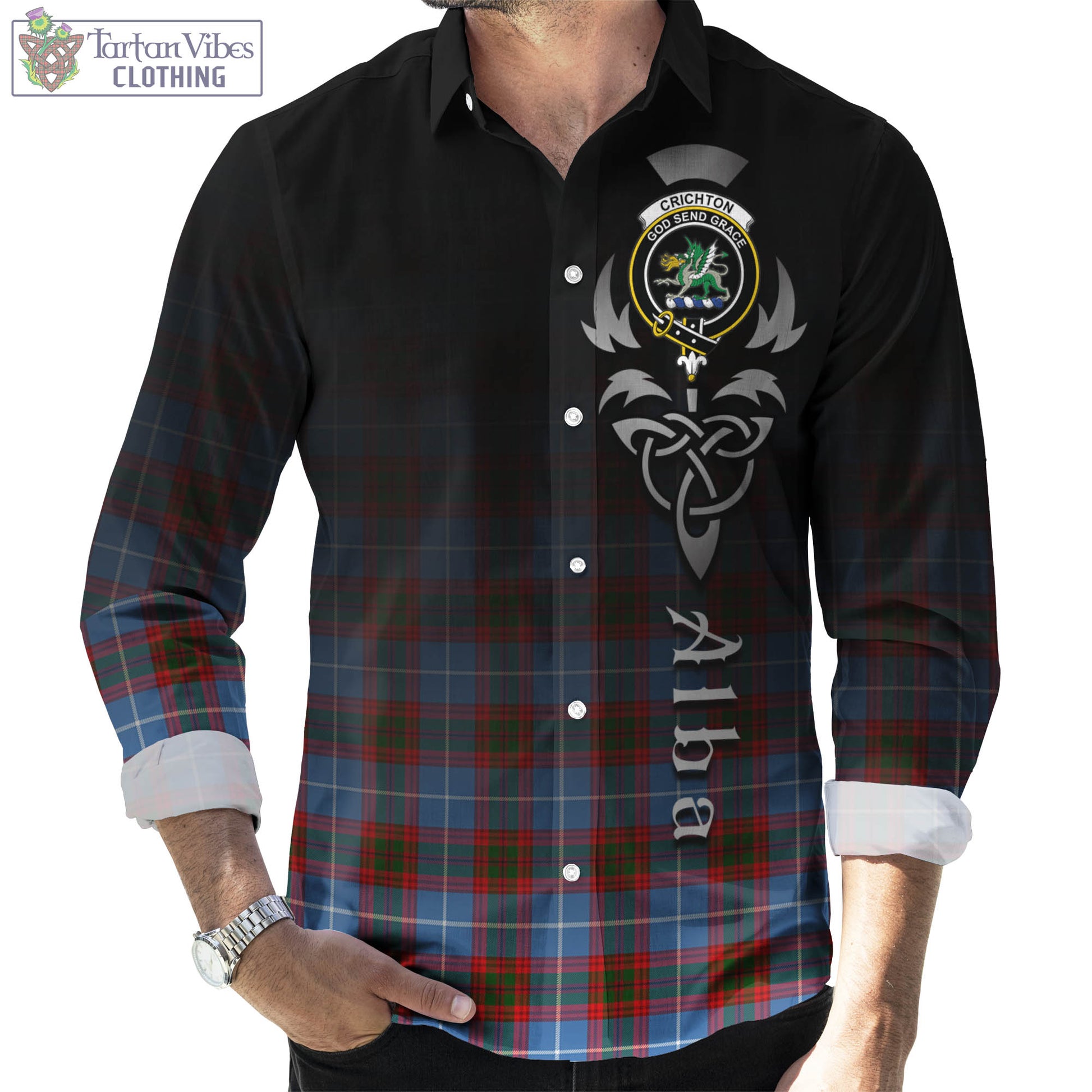 Crichton (Crighton) Tartan Long Sleeve Button Up Featuring Alba Gu Brath Family Crest Celtic Inspired Men's Shirt - Tartan Vibes Clothing