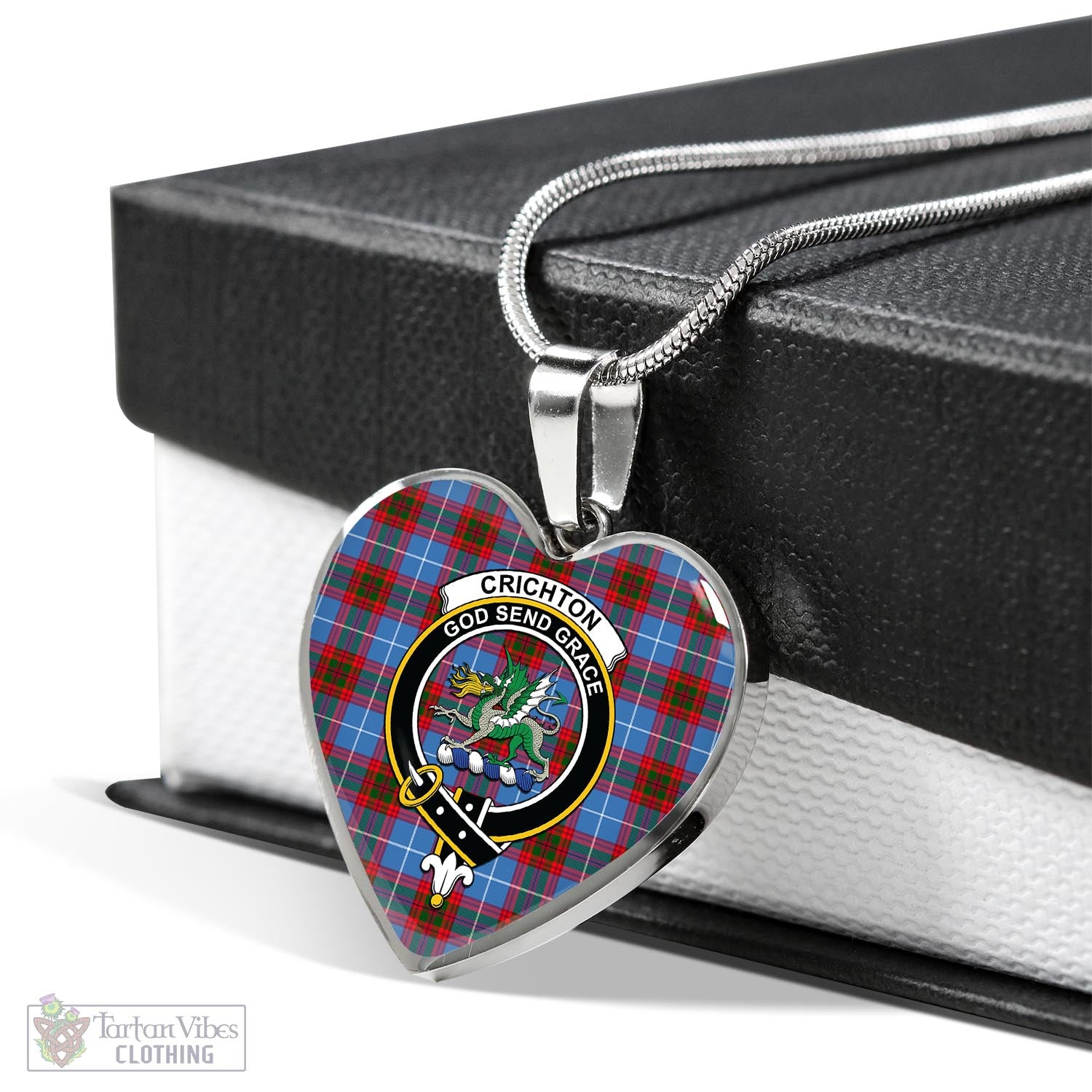 Crichton (Crighton) Tartan Heart Necklace with Family Crest Luxury Necklace (Silver) No - Tartan Vibes Clothing