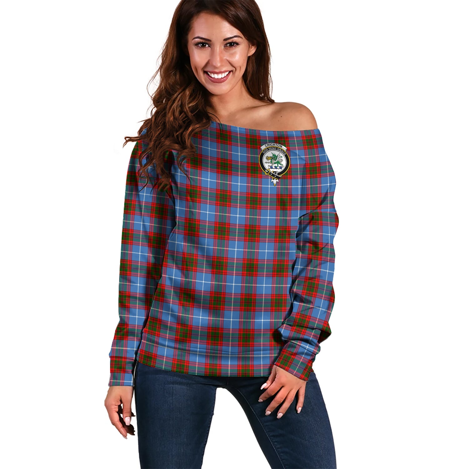 Crichton (Crighton) Tartan Off Shoulder Women Sweater with Family Crest Women - Tartan Vibes Clothing