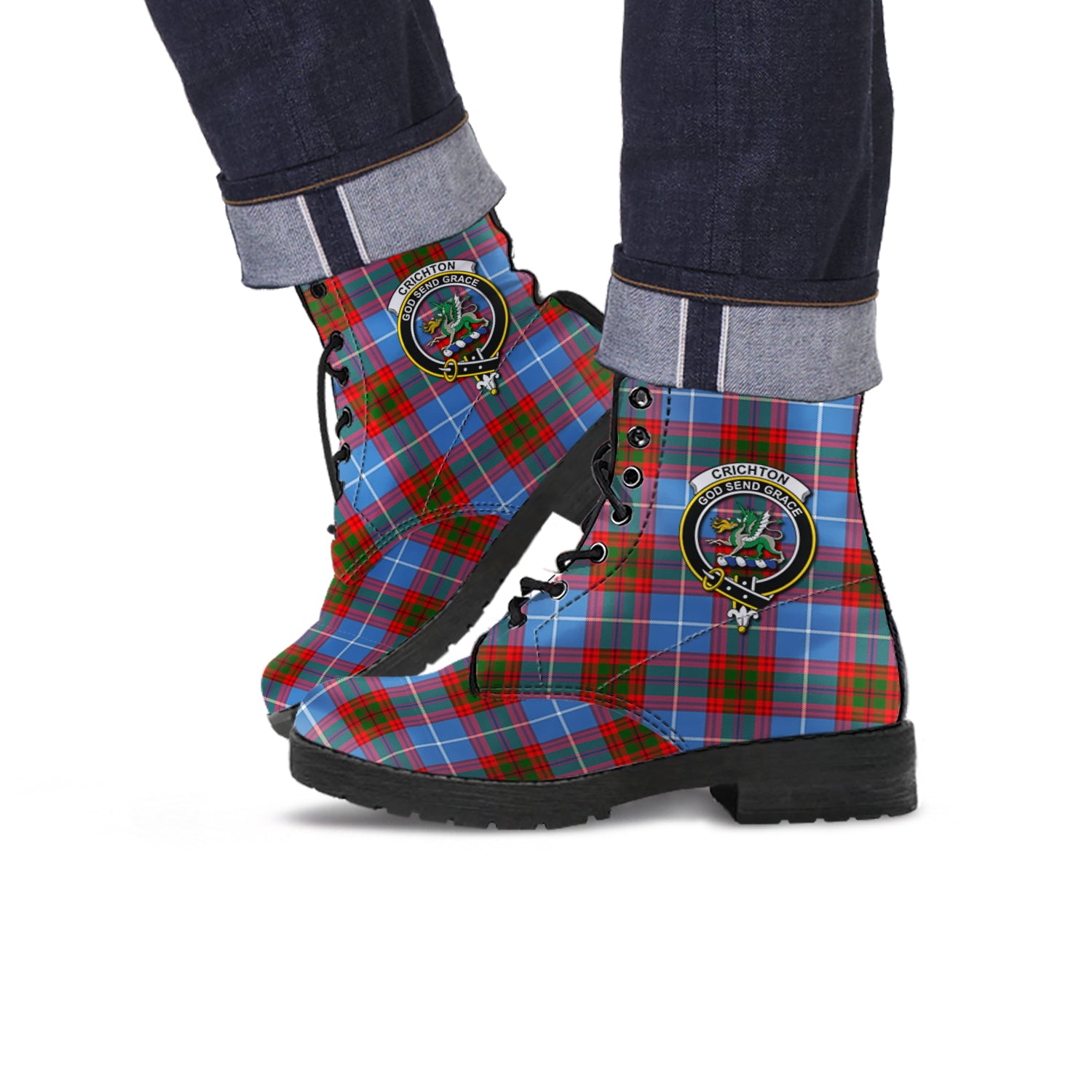 Crichton (Crighton) Tartan Leather Boots with Family Crest Men' Boots - Tartan Vibes Clothing