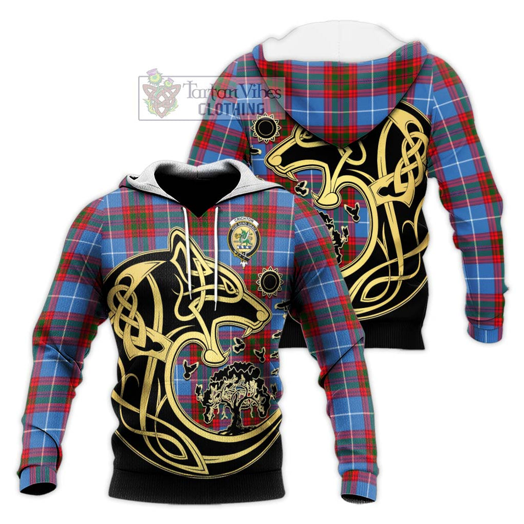 Crichton (Crighton) Tartan Knitted Hoodie with Family Crest Celtic Wolf Style Unisex Knitted Pullover Hoodie - Tartan Vibes Clothing