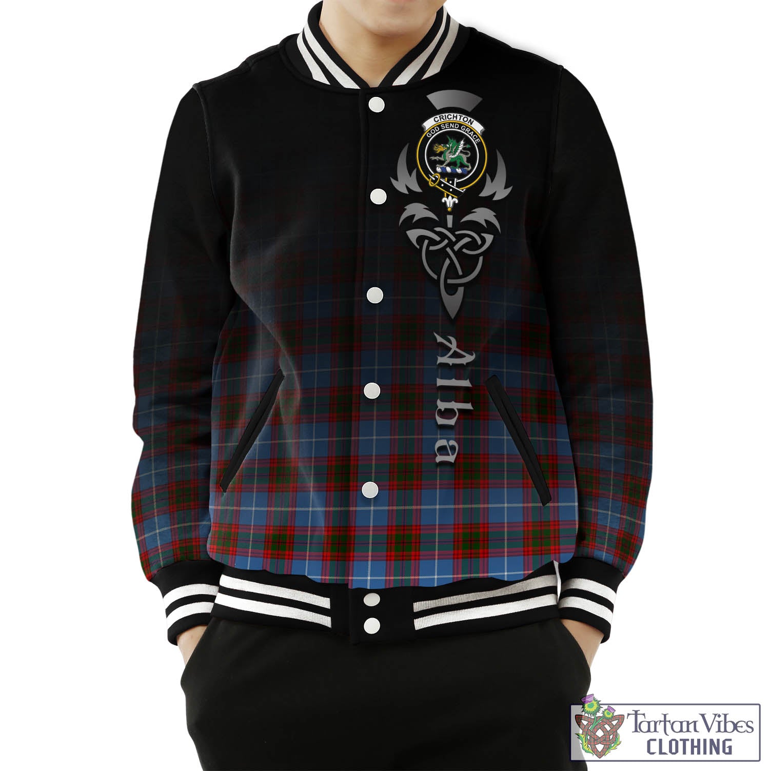 Crichton (Crighton) Tartan Baseball Jacket Featuring Alba Gu Brath Family Crest Celtic Inspired Unisex - Tartan Vibes Clothing