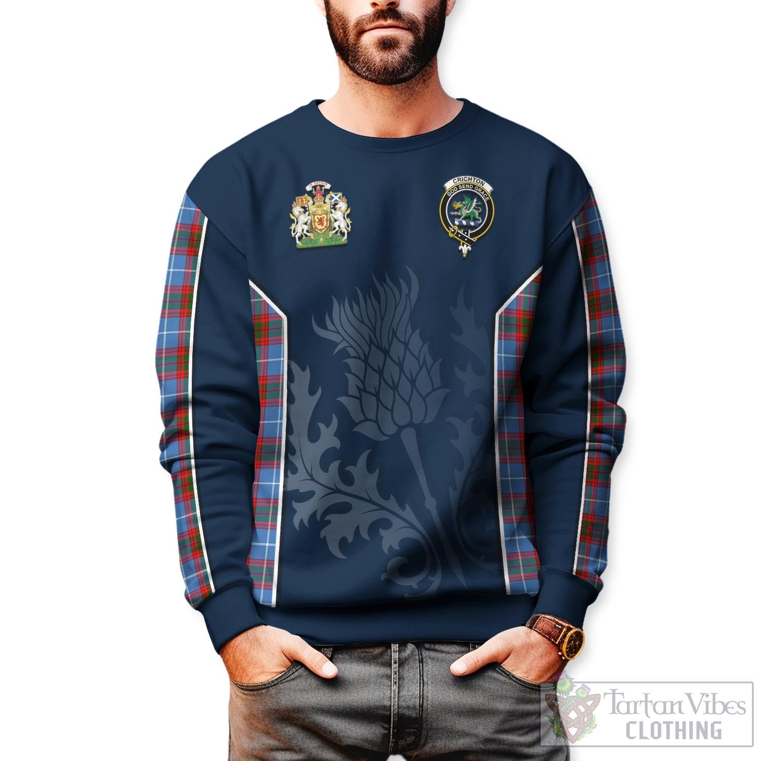Crichton (Crighton) Tartan Sweatshirt with Family Crest and Scottish Thistle Vibes Sport Style Unisex - Tartan Vibes Clothing