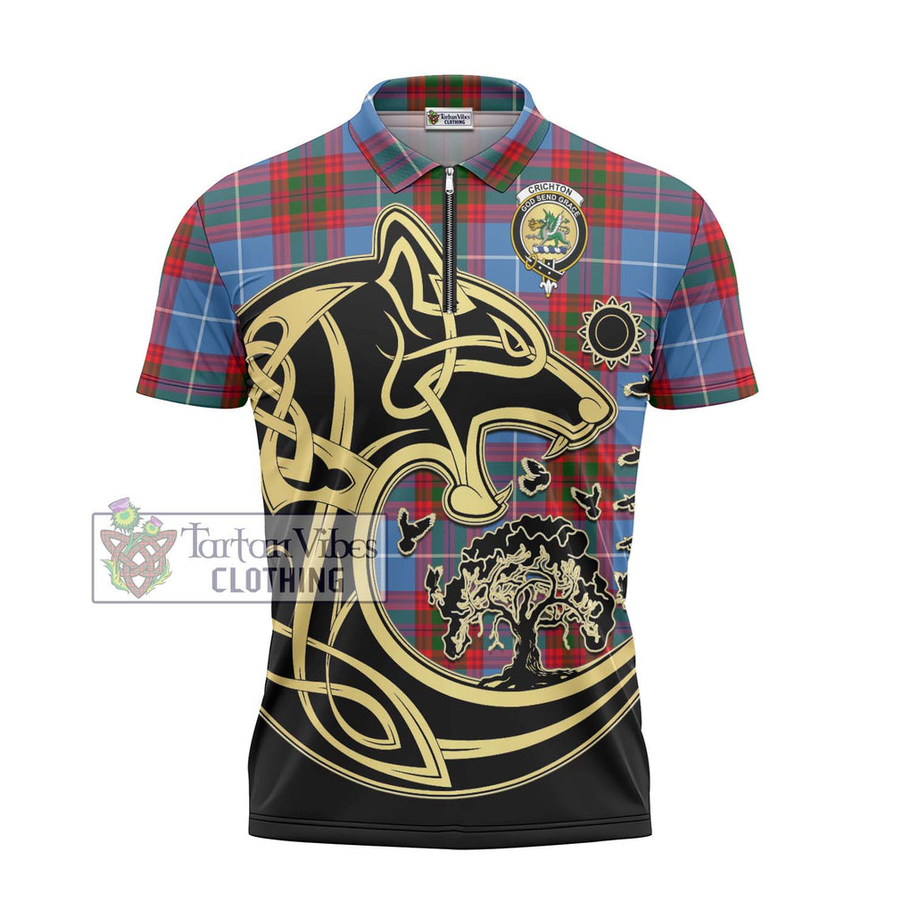 Crichton (Crighton) Tartan Zipper Polo Shirt with Family Crest Celtic Wolf Style - Tartan Vibes Clothing