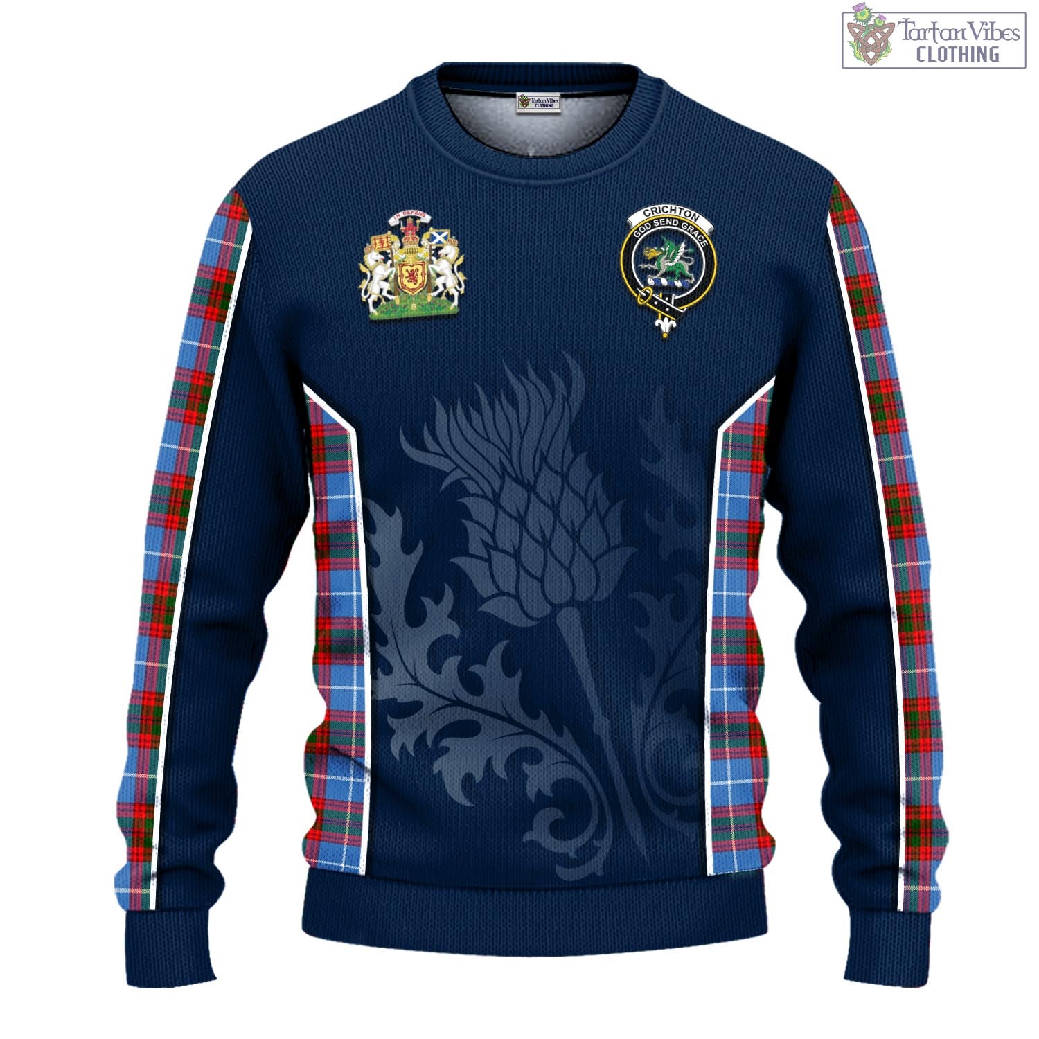 Crichton (Crighton) Tartan Knitted Sweatshirt with Family Crest and Scottish Thistle Vibes Sport Style - Tartan Vibes Clothing