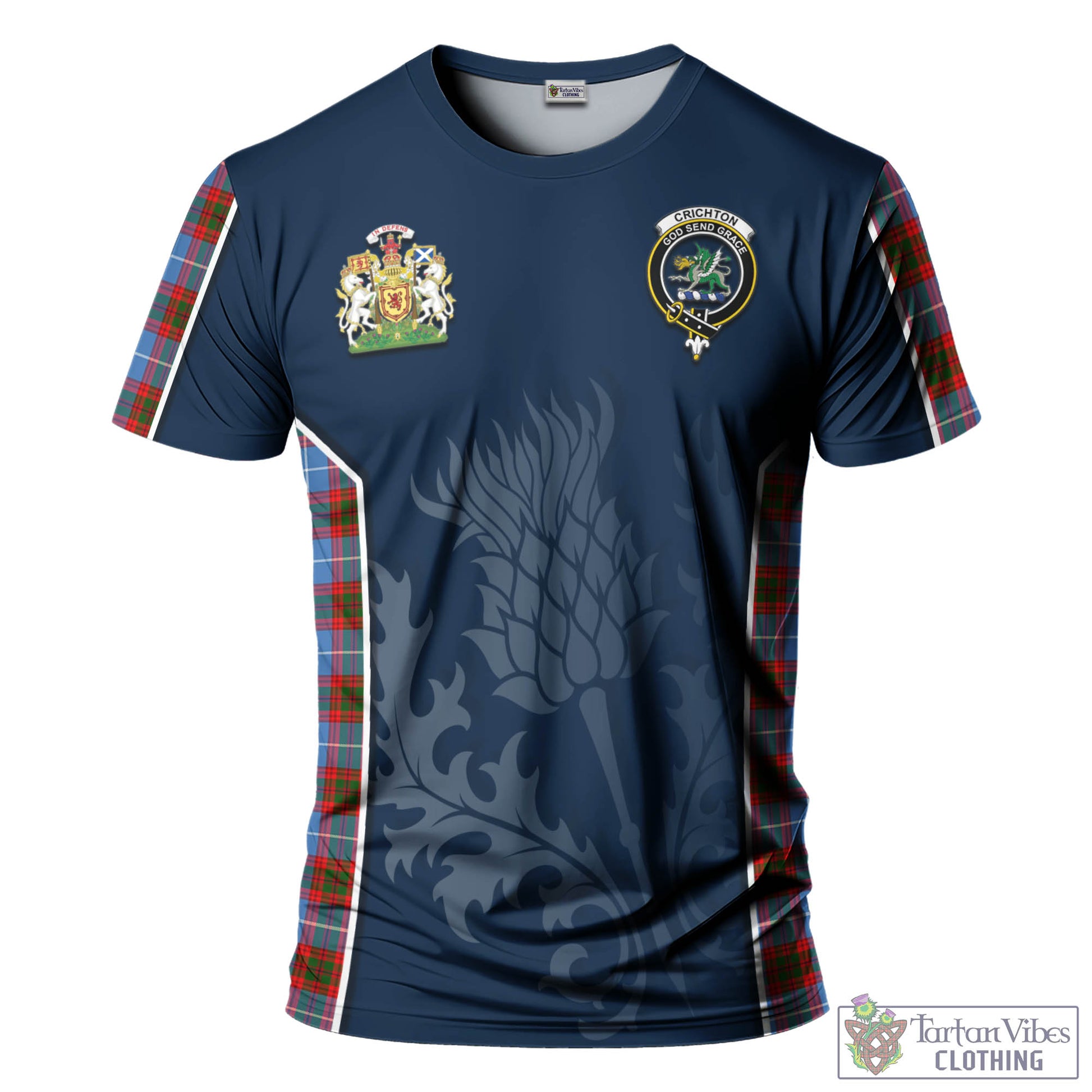 Tartan Vibes Clothing Crichton Tartan T-Shirt with Family Crest and Scottish Thistle Vibes Sport Style