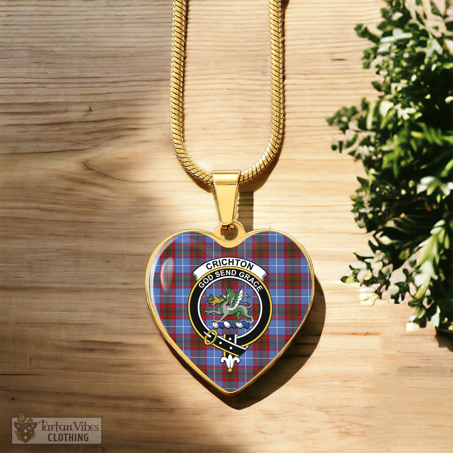 Crichton (Crighton) Tartan Heart Necklace with Family Crest Luxury Necklace (Gold) No - Tartan Vibes Clothing