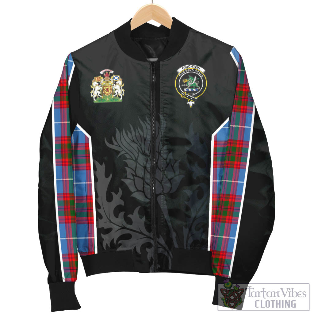 Tartan Vibes Clothing Crichton Tartan Bomber Jacket with Family Crest and Scottish Thistle Vibes Sport Style