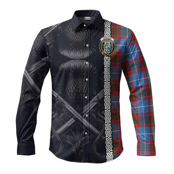 Tartan Vibes Clothing Crichton (Crighton) Tartan Long Sleeve Button Shirt with Family Crest Cross Sword Thistle Celtic Vibes