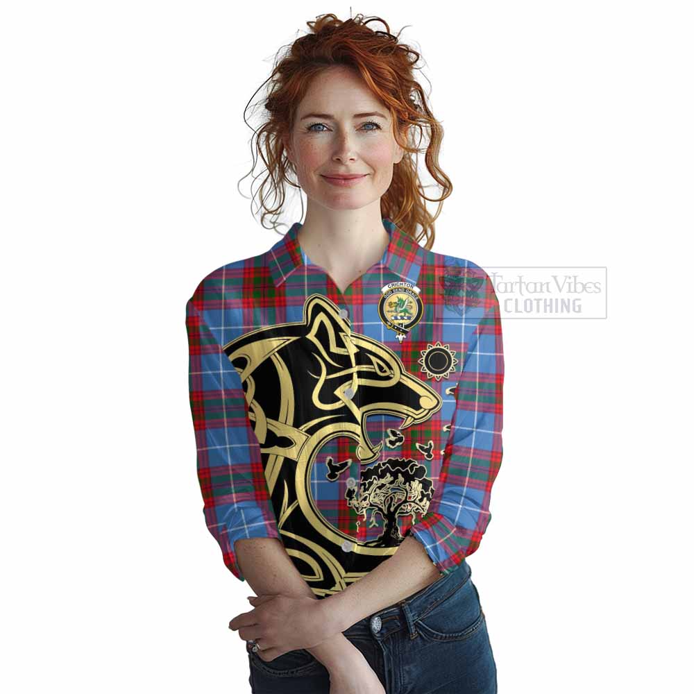 Crichton (Crighton) Tartan Women's Casual Shirt with Family Crest Celtic Wolf Style Female - Tartan Vibes Clothing