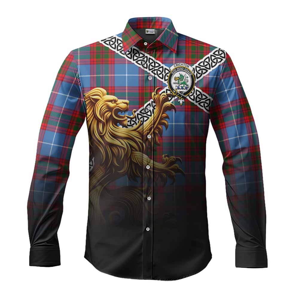 Crichton (Crighton) Crest Tartan Long Sleeve Button Shirt with Golden Lion Emblem Celtic Style Men's Shirt S - Tartan Vibes Clothing