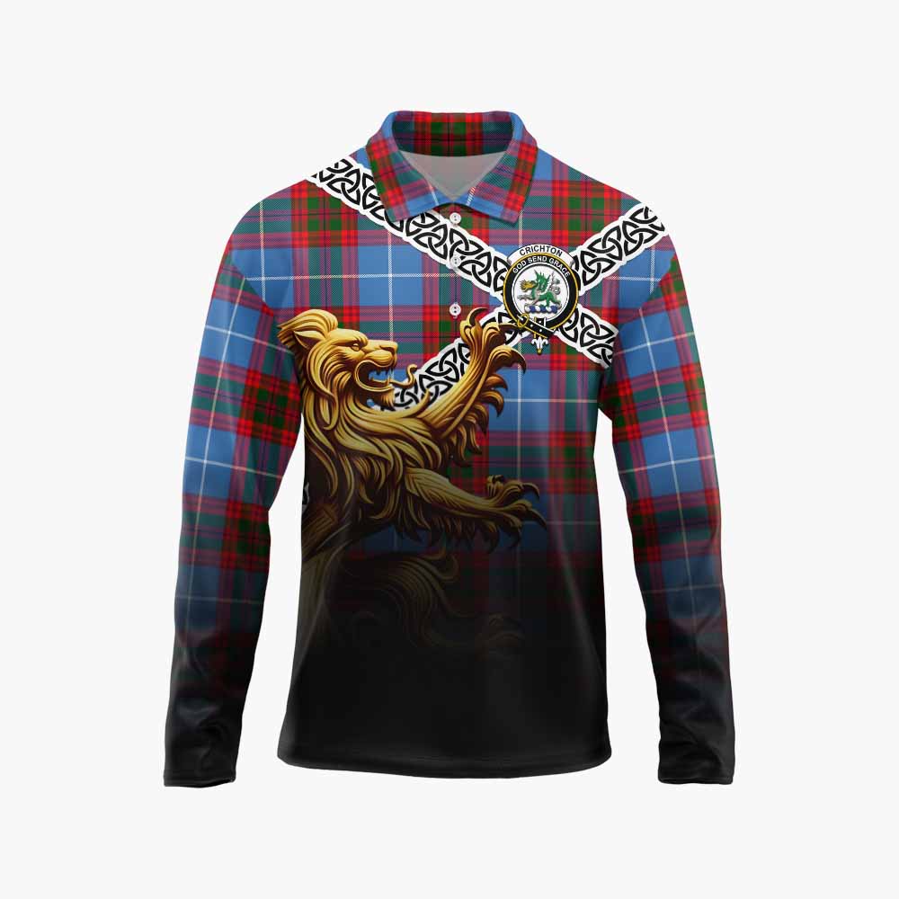 Crichton (Crighton) Crest Tartan Long Sleeve Polo Shirt with Golden Lion Emblem Celtic Style Unisex - Tartan Vibes Clothing